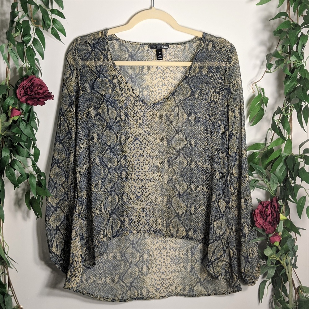 Aqua Sheer Snake Print Long Sleeve Top EUC